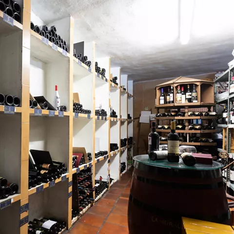 Bodega con estanterías llenas de botellas de vino