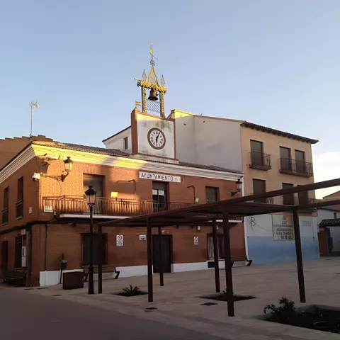 Ayuntamiento de ladrillo iluminado al atardecer en una plaza vacía
