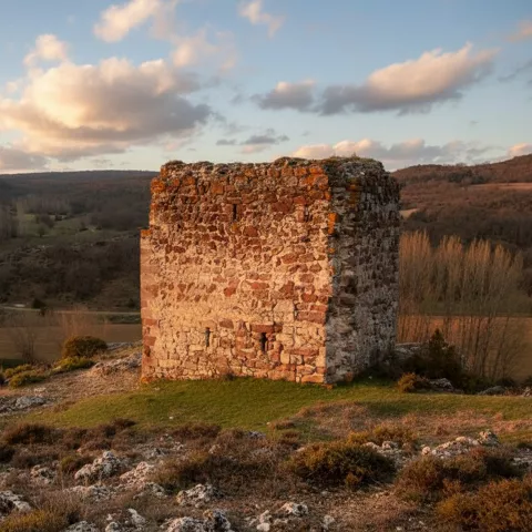 Restos de torre de piedra sobre paisaje de valle y bosque