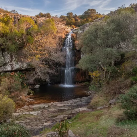 Cascada estrecha cayendo a una poza oscura entre rocas y vegetación otoñal.