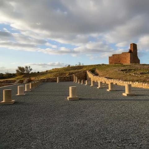 Restos arqueológicos en Minaya con estructuras de piedra sobre una colina y paisaje abierto.