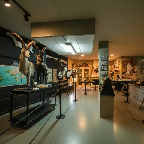 Sala de exposición con animales disecados sobre pedestales y fotografías en las paredes, iluminada con focos.