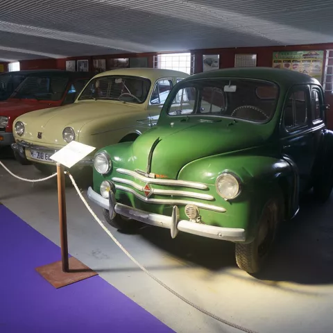 Fila de coches clásicos expuestos en una nave interior.