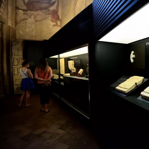 Vitrinas con relieves de piedra y paneles informativos en sala museística.