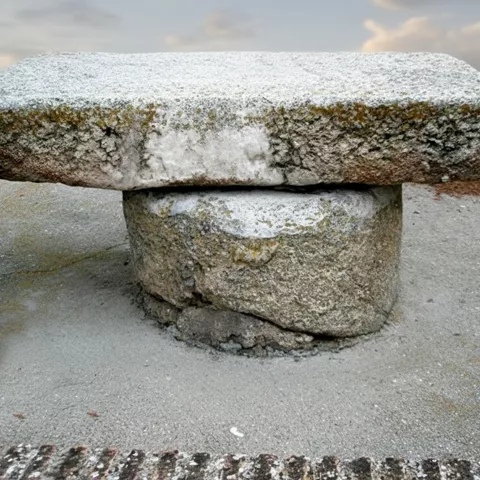 Banco de piedra y antigua llave metálica en composición dividida.