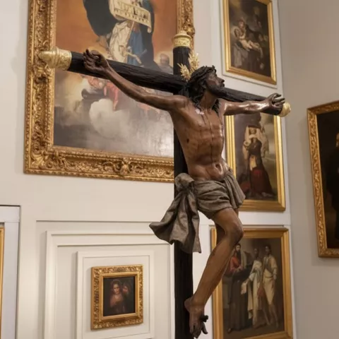 Escultura de Cristo en cruz en sala de exposición con cuadros religiosos enmarcados en paredes blancas.