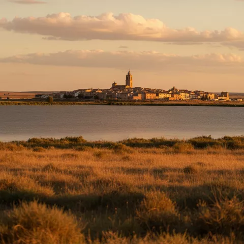Paisaje al atardecer con laguna y silueta de pueblo en el horizonte.
