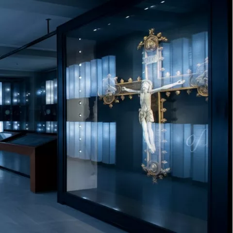 Vitrina con crucifijo en sala moderna iluminada.