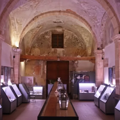 Sala abovedada con vitrinas iluminadas y objetos expuestos a ambos lados.