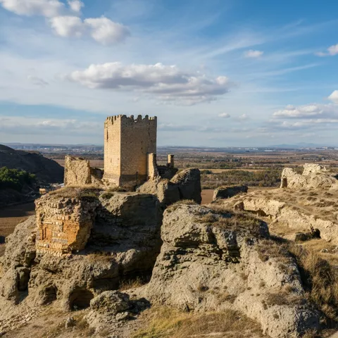 Ruinas de fortaleza sobre peñas con llanura al fondo