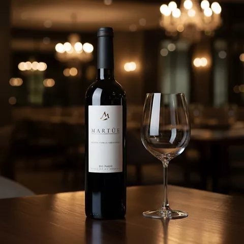 Botella de vino tinto y copa vacía en primer plano sobre mesa de restaurante.