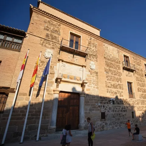 Entrada principal de edificio histórico con banderas y personas en la plaza.