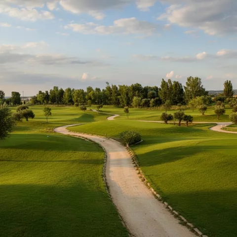 Camino curvo atravesando zonas verdes del campo, con árboles alineados.