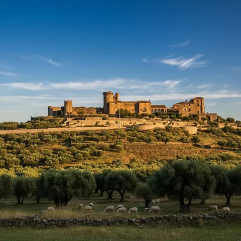 Castillo sobre colina con olivos y ovejas en primer plano.