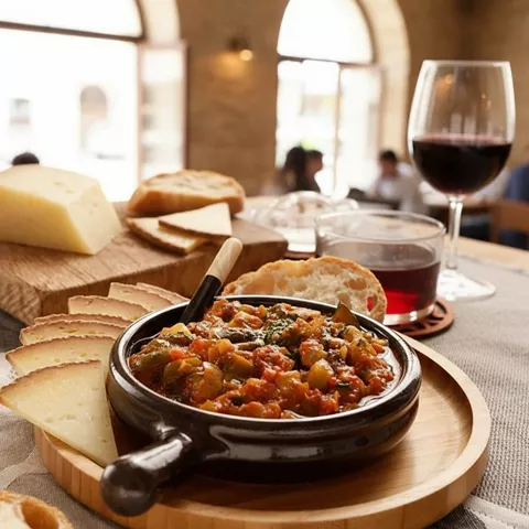 Pisto manchego servido con queso