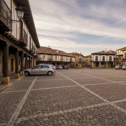 Plaza empedrada rodeada de casas tradicionales con soportales y balcones de madera.