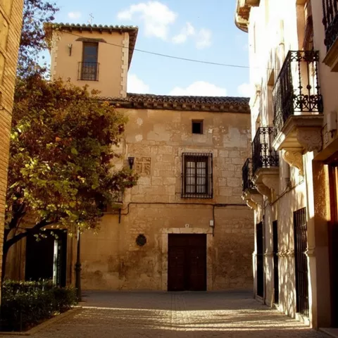 Vista de un callejón estrecho adoquinado, flanqueado por edificios de piedra con balcones de hierro forjado y una torre en el fondo.