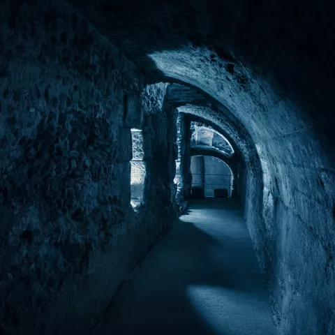 Pasillo abovedado subterráneo con iluminación azul y muros de piedra.