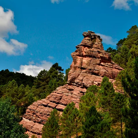 Formación rocosa rojiza entre bosque