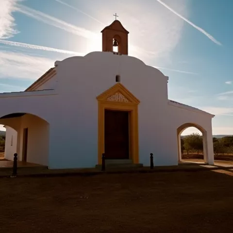 Fachada de ermita blanca a contraluz con campanario