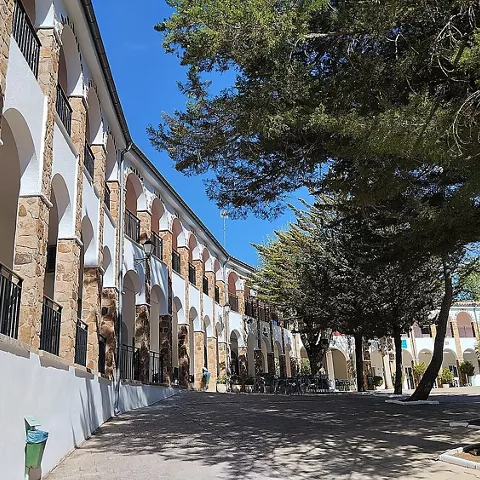 Galería porticada con arcos de piedra y árboles en un patio soleado.