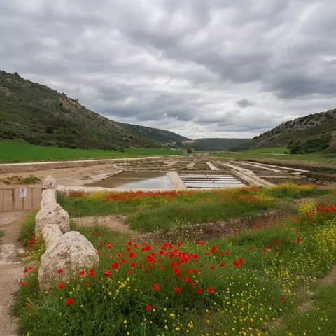 Salinas en valle abierto con flores silvestres en primer plano.