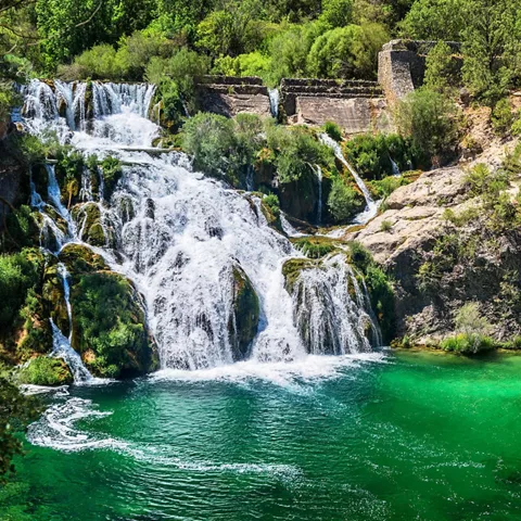 Cascada escalonada rodeada de vegetación junto a una poza de agua verde.