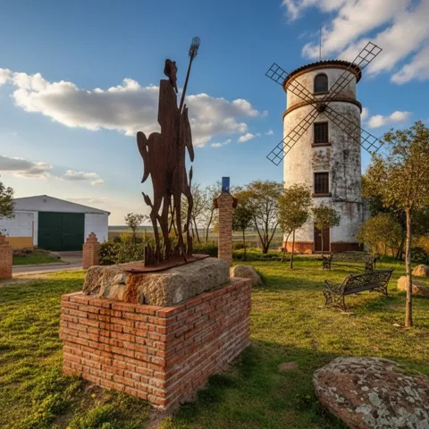 Escultura metálica de un caballero a caballo frente a un molino de viento blanco en un parque al atardecer.