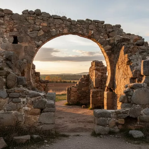 Restos de arco de piedra al atardecer en campo abierto.