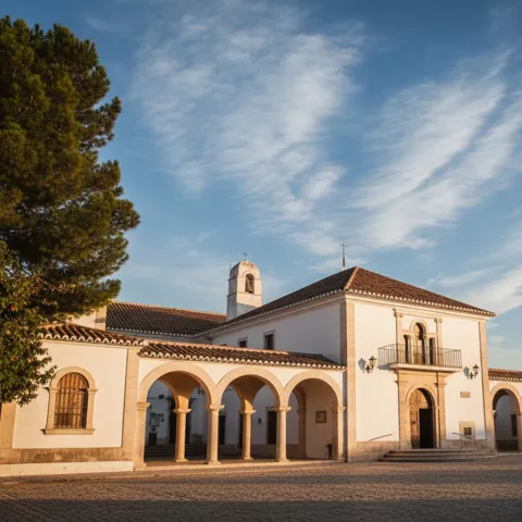 Conjunto de edificios blancos con arcos, iluminado por luz de atardecer.