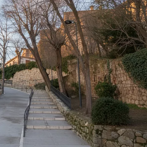 Paseo empedrado junto a muro y árboles