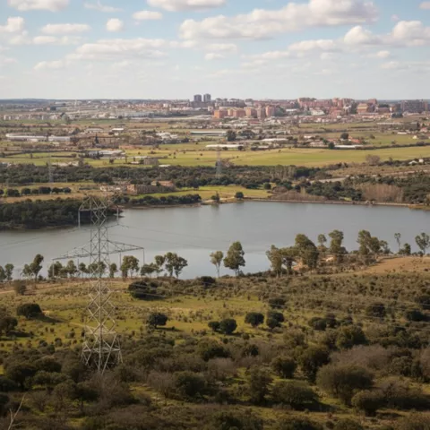 Embalse con campos y ciudad al fondo