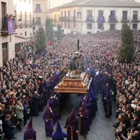 Paso procesional entre multitud y balcones engalanados