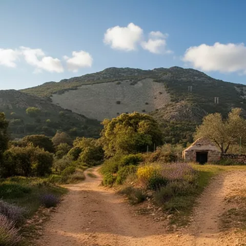 Camino rural entre monte y caseta de piedra