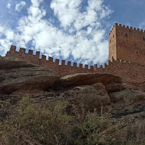 Castillo medieval sobre roca en entorno natural.