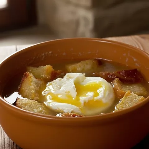 Sopa con pan y huevo escalfado