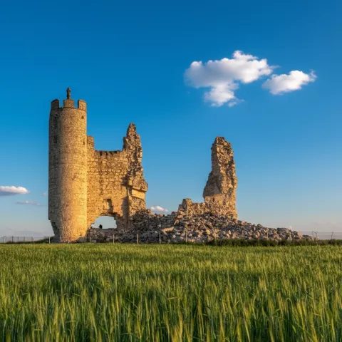 Iglesia aislada con torre en campo seco