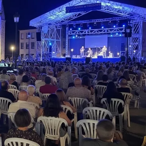 Público sentado frente a escenario durante actuación musical nocturna.