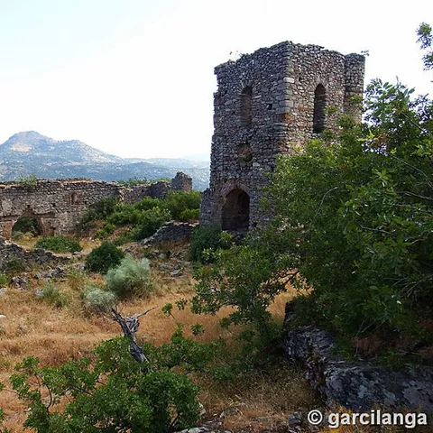 Conjunto de ruinas de piedra con torre y arcos rodeados de vegetación.