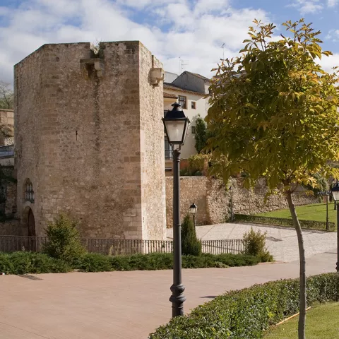 Torre histórica rodeada de parque ajardinado.