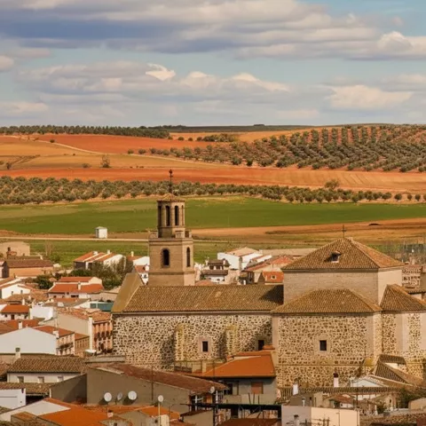 Panorámica urbana con iglesias, tejados y paisaje agrícola circundante