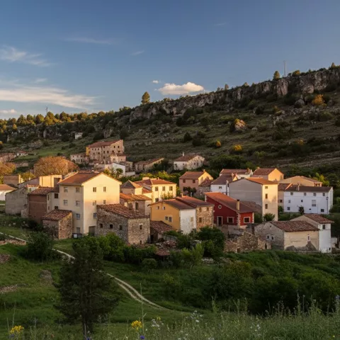 Vista general del pueblo entre vegetación y laderas
