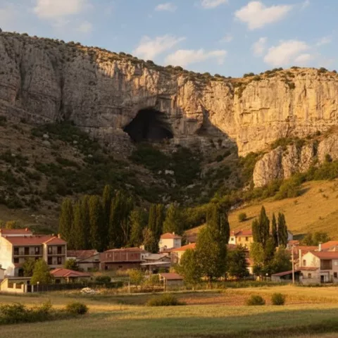 Pueblo rural al pie de un gran farallón rocoso al atardecer