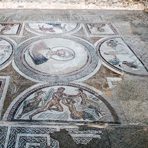 Vista general de mosaico antiguo con escenas figurativas y motivos geométricos, parcialmente conservado.