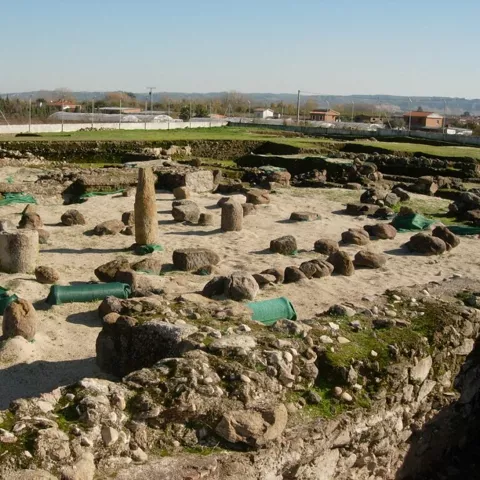 Detalle de columnas y bases de piedra en zona excavada rodeada de muros.