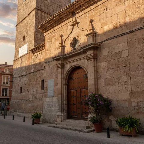 Fachada de iglesia de piedra con torre y portada monumental