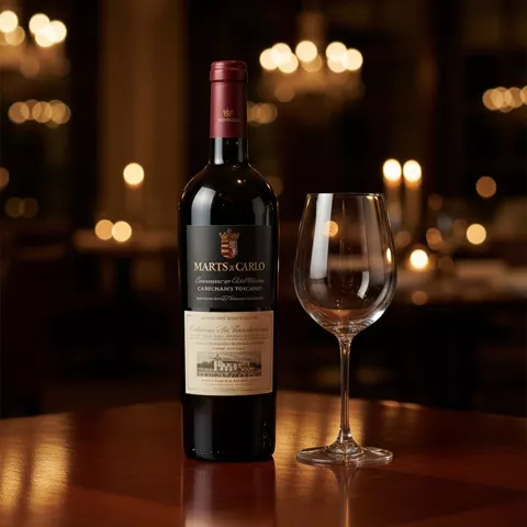 Botella de vino tinto y copa vacía con velas desenfocadas al fondo