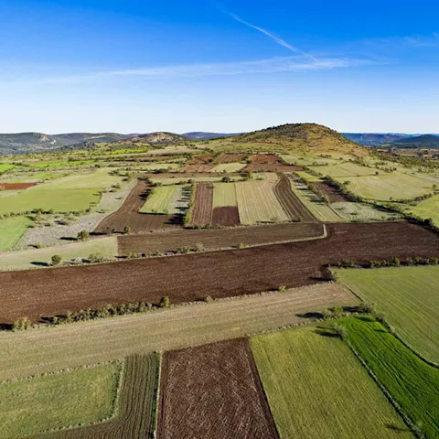 Vista aérea de campos agrícolas y cerro