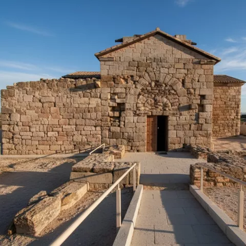 Fachada de iglesia de piedra con puerta central y pasarela con barandillas hacia la entrada.
