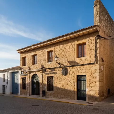 Edificio de piedra en esquina con entrada en arco y ventanas enrejadas.